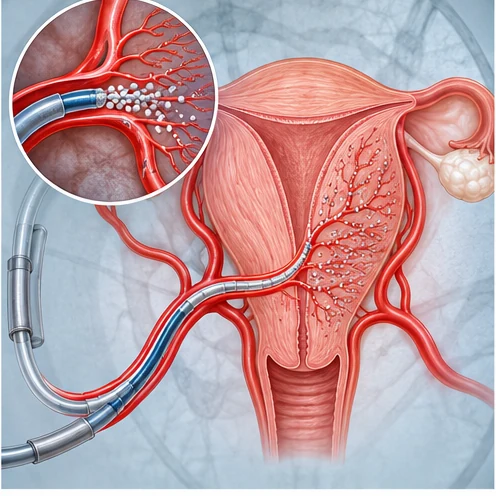 Illustration of a catheter delivering embolic particles into uterine artery branches supplying adenomyosis