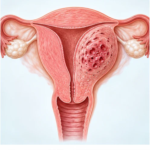 Medical illustration of focal adenomyosis, also known as an adenomyoma, within uterine muscle