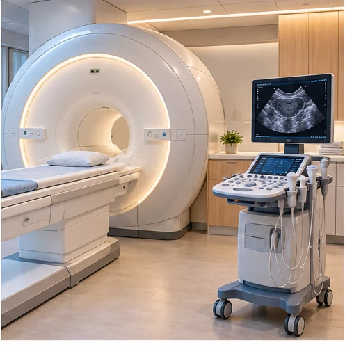 Pelvic MRI scanner and ultrasound equipment used in adenomyosis assessment