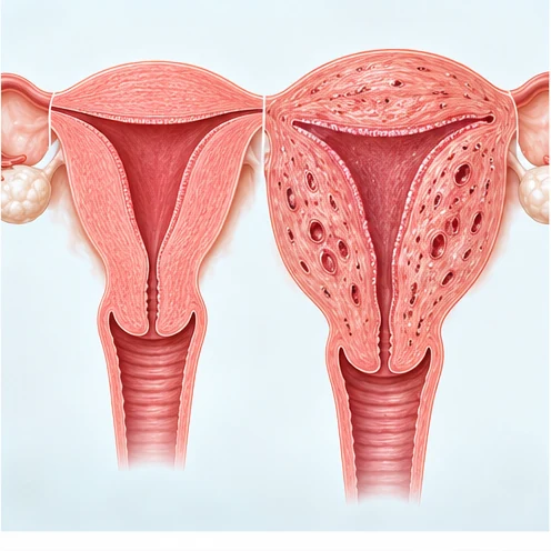 Medical illustration comparing a normal uterine wall with diffuse adenomyosis in the muscle