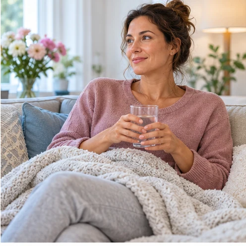 A woman resting at home with water during recovery after a hospital procedure