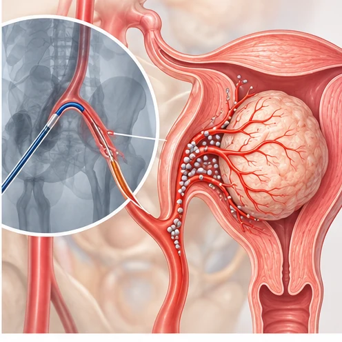 Schematic of catheter access through a pelvic artery and particles placed in both uterine arteries to reduce fibroid blood flow