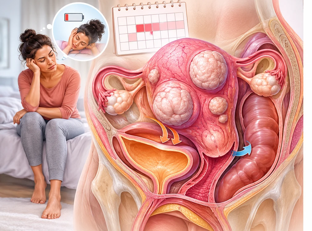 Three illustrated symptom groups: heavy or prolonged periods, pelvic pressure, and pain or cramps