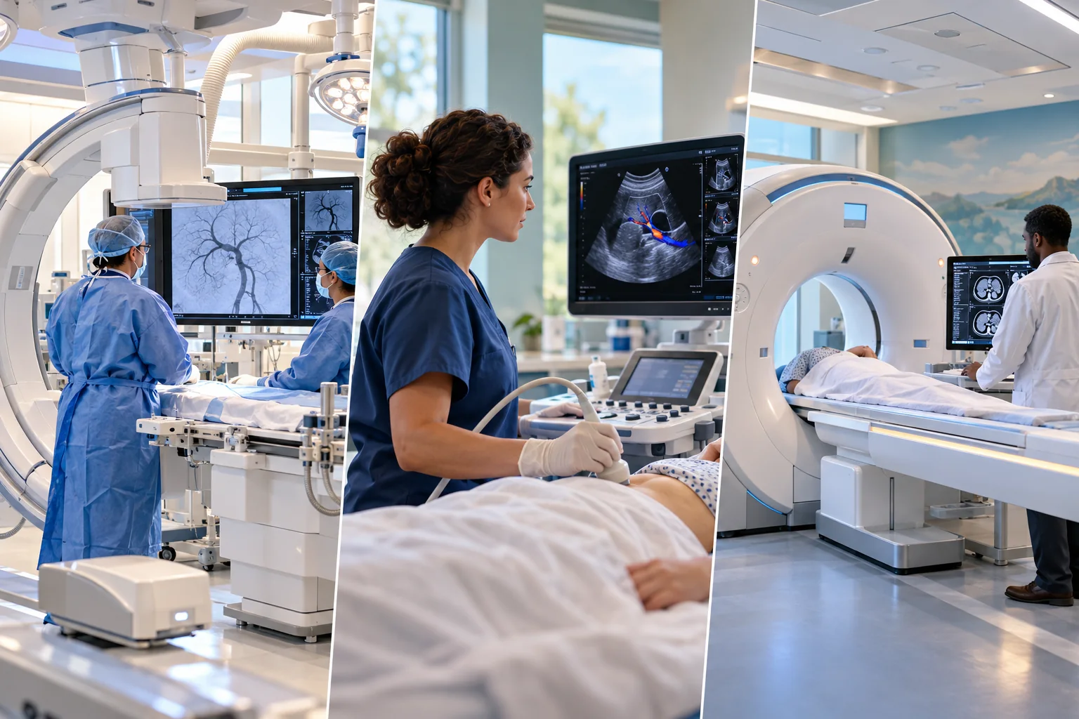 Interventional radiology team in a catheter lab, with ultrasound and CT imaging shown alongside