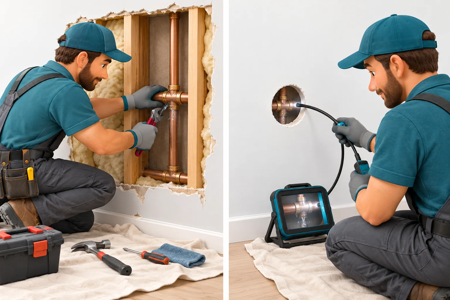 Illustration comparing opening a wall to reach a pipe with using a small inspection access hole