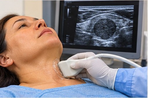 Clinician performing an ultrasound examination of the thyroid