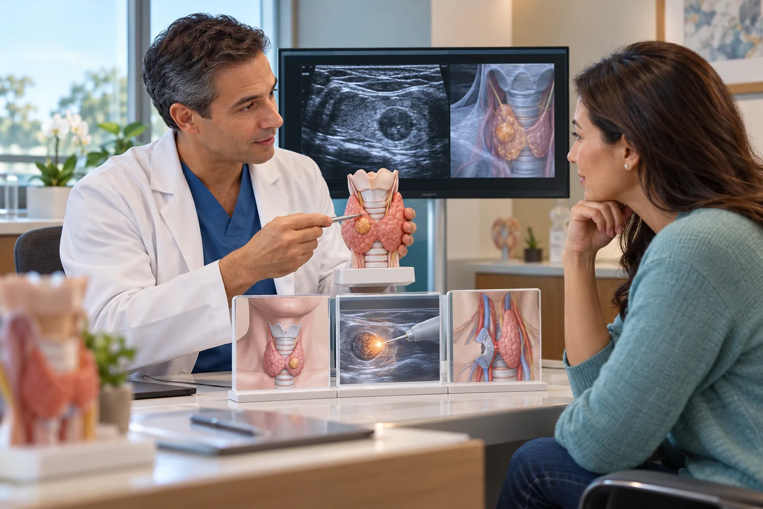 Patient and clinician comparing monitoring, microwave ablation and surgery for a thyroid nodule