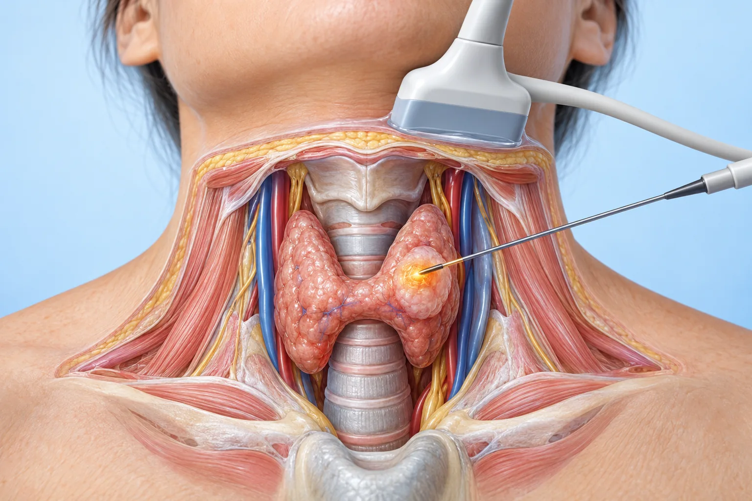 Ultrasound-guided microwave antenna placed within a benign thyroid nodule, with a limited treatment zone