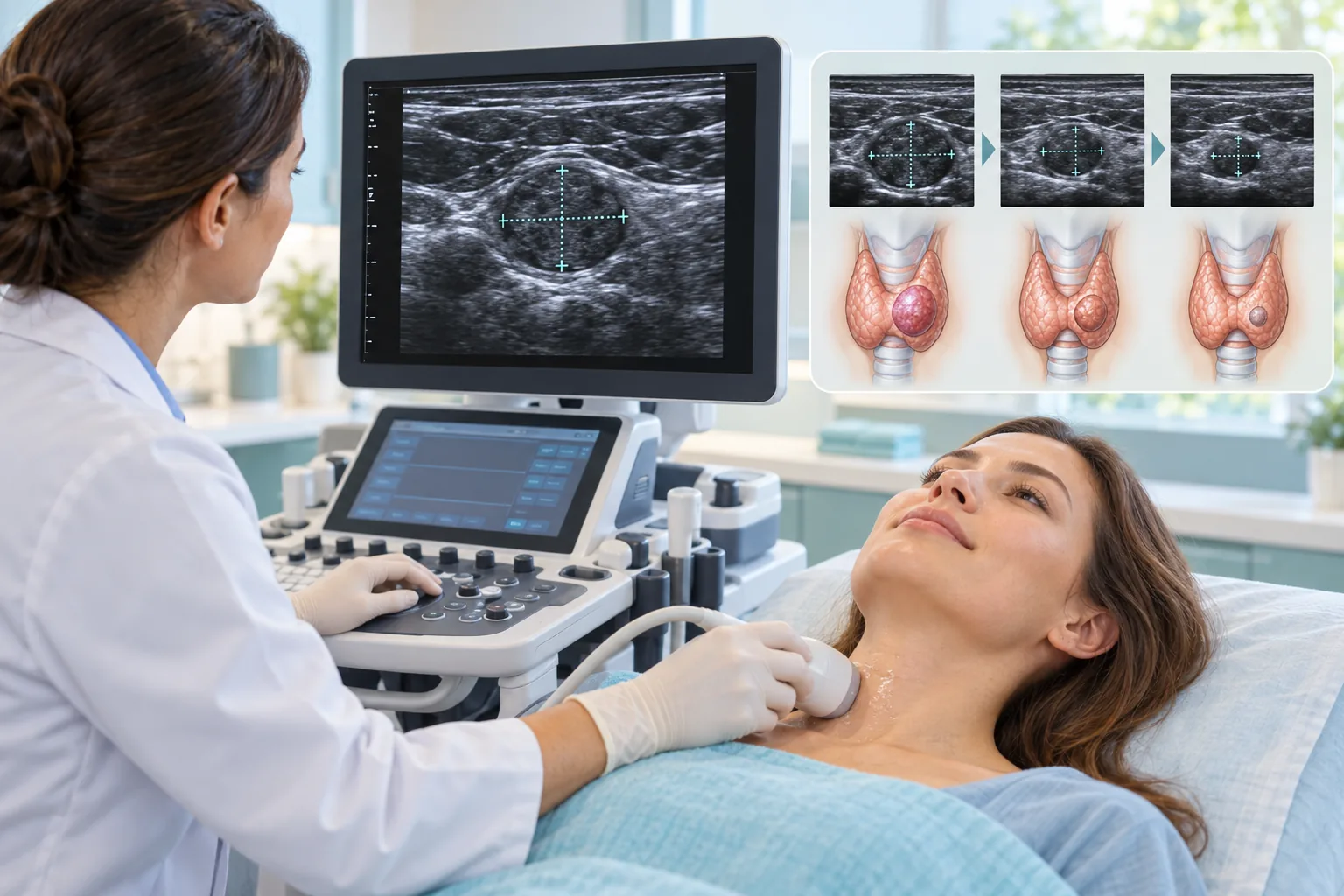 Illustration of gradual recovery after thyroid microwave ablation, with follow-up visits and ultrasound monitoring