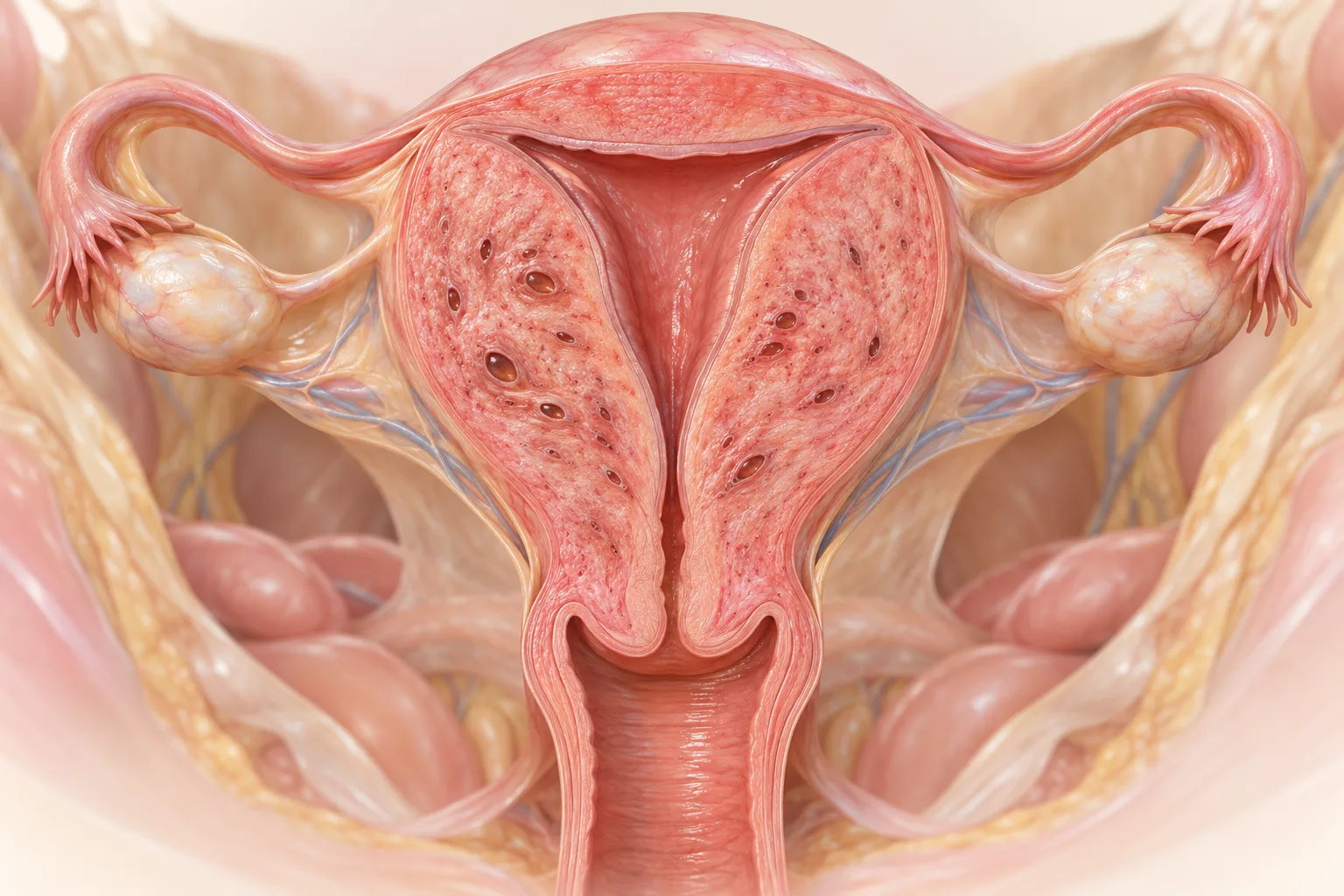 Medical illustration showing diffuse changes within the uterine muscle associated with adenomyosis
