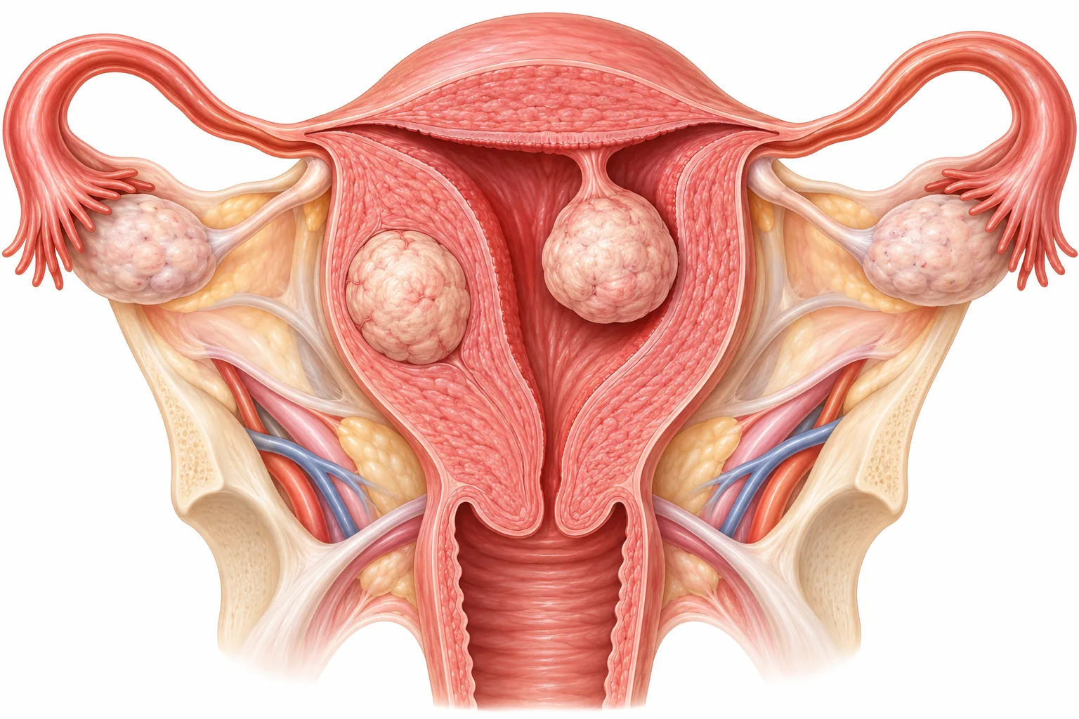 Anatomical illustration showing uterine fibroids within the uterus