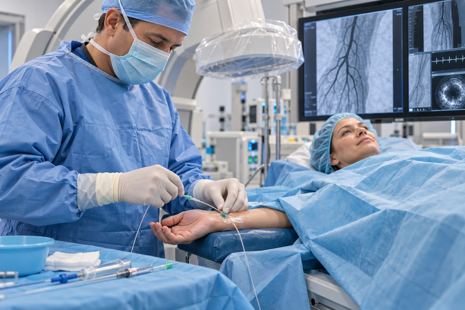 Illustration of a catheter-based procedure in a modern angiography suite with the patient comfortably draped