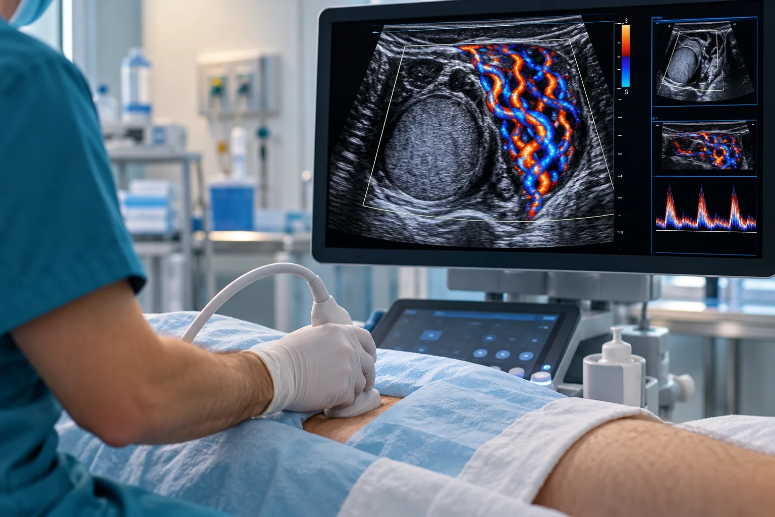 Doppler-style medical illustration showing enlarged varicocele veins beside a testicle in the scrotum