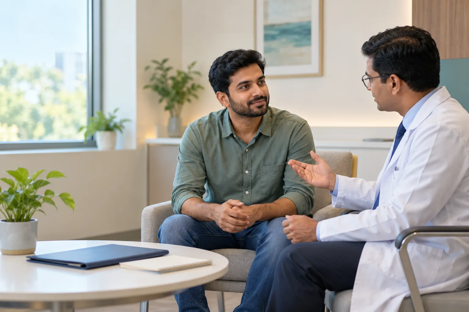 Illustrative consultation between a patient and clinician