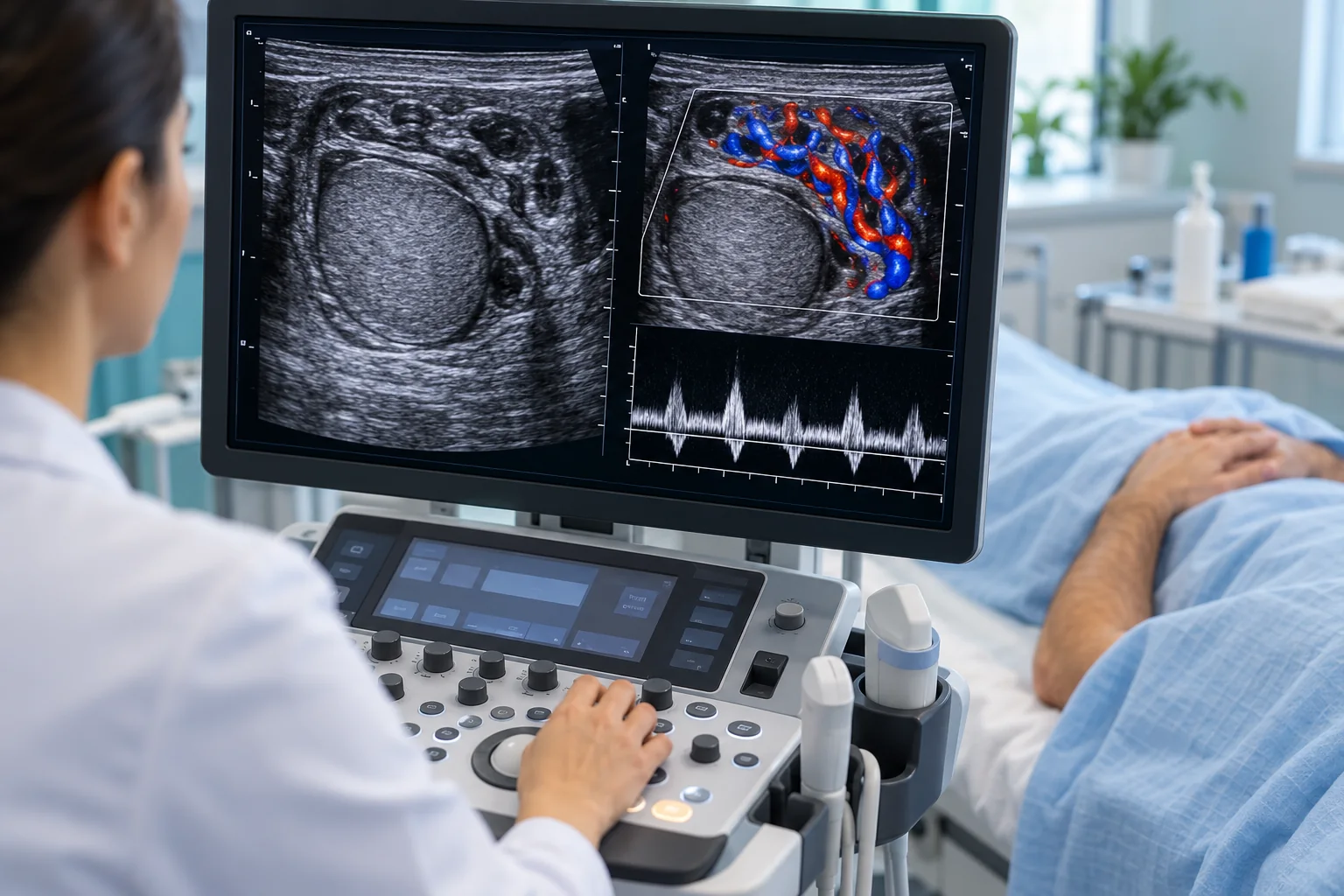 Illustrative Doppler ultrasound showing color flow in enlarged veins around a testicle
